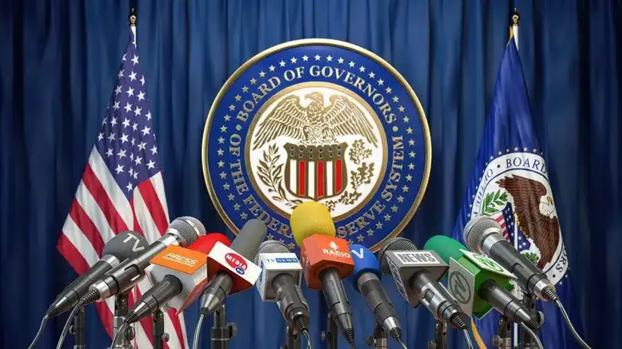 Photo of the microphones setup to hear from the chairman of the Fed