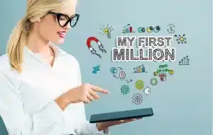 A woman holding a tablet with the word my first million written on it. New to investing