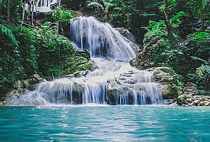 A waterfall surrounded by lush green jungle.