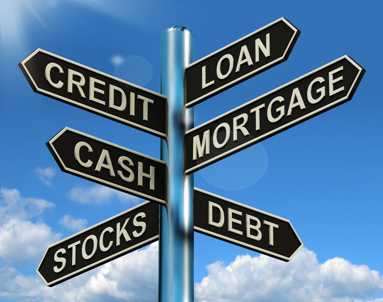 A photo of a pole with signs hanging on it pointing in different directions. The sign names are loan. credit. mortgage, cash, debt, and stocks.