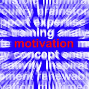 A blue colored print with the word motivation in the middle in the color red.