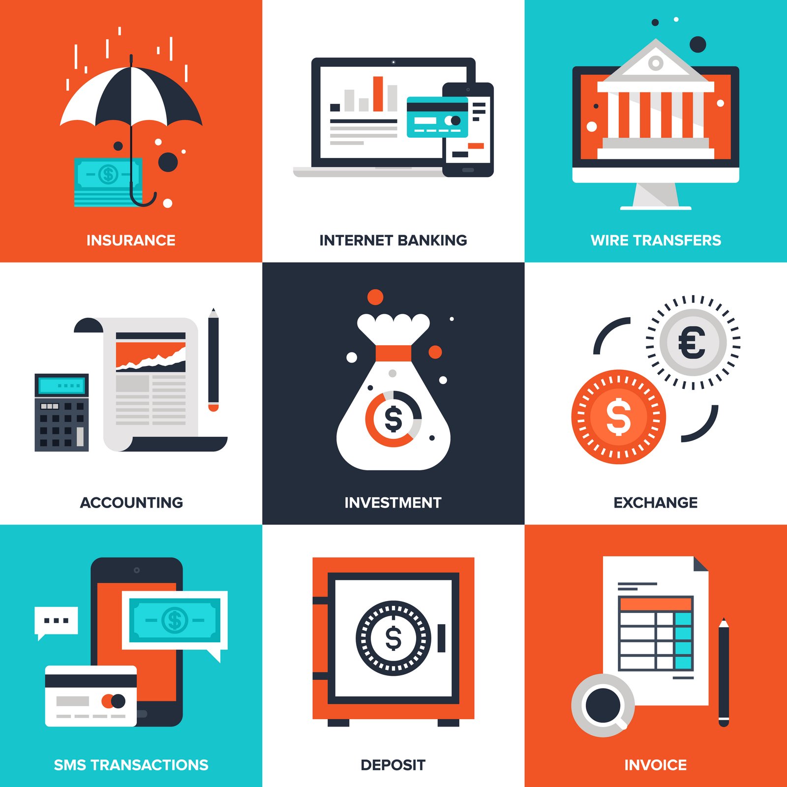 Vector set of flat banking and finance icons on following themes - insurance, internet banking, wire transfers, accounting, investment, exchange, sms transactions, deposit, invoice