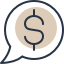 An icon of a dollar sign in a speech bubble.