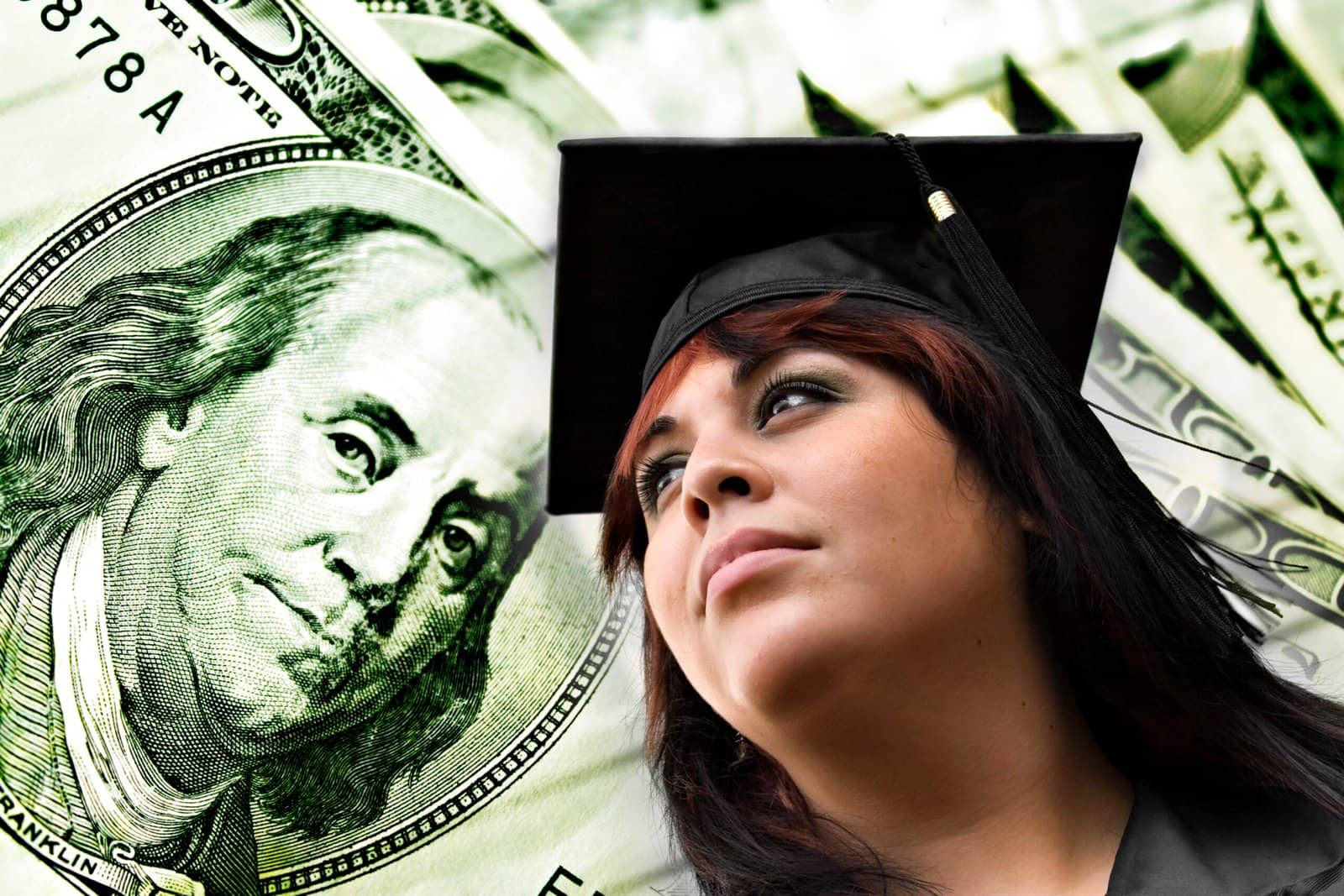 A closeup of a female graduate in her cap and gown in front of a money background. Great conceptual image for scholarships college loans or projected career earnings.