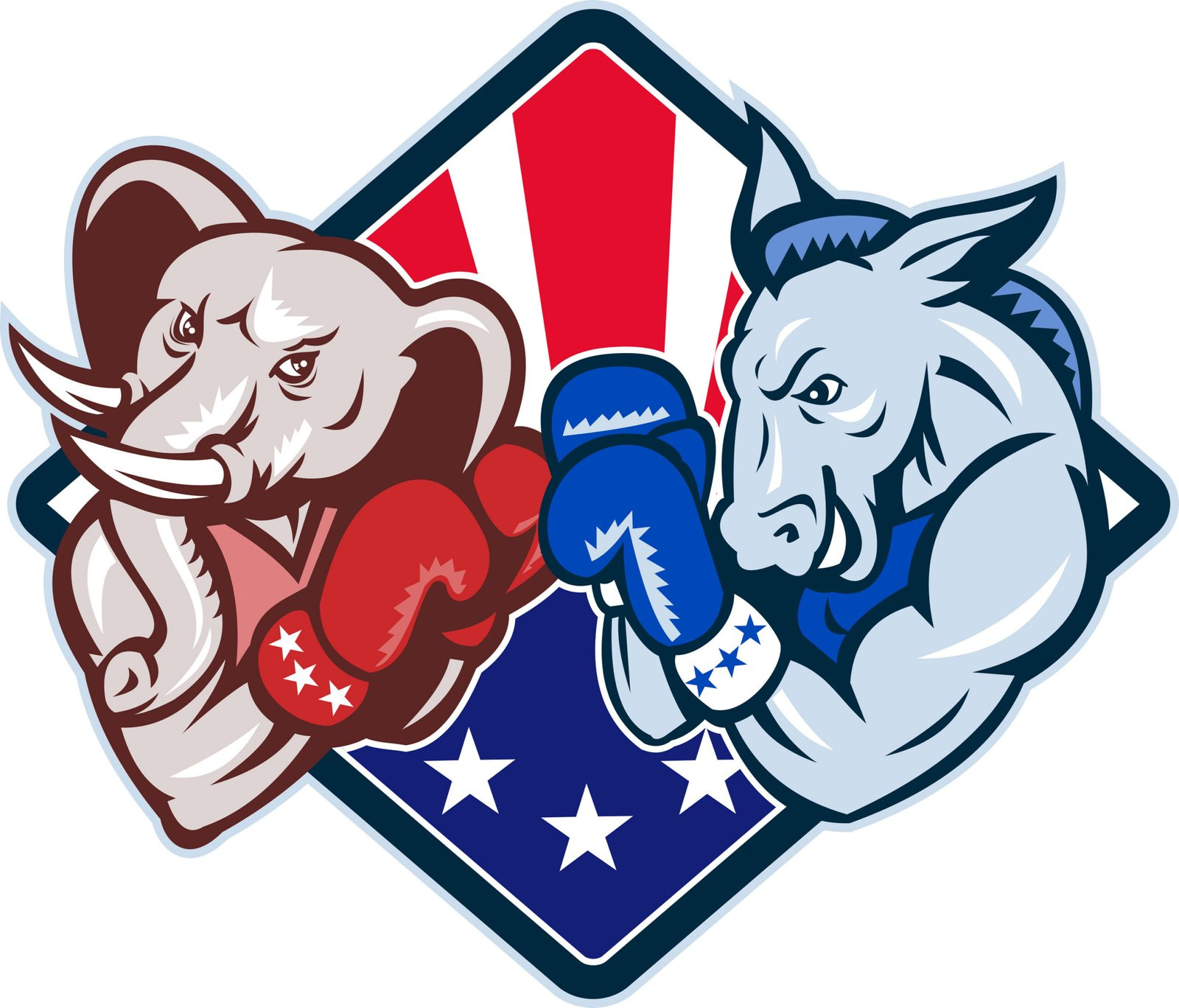 Illustration of a democrat donkey mascot of the democratic grand old party gop and republican elephant boxer boxing with gloves set inside diamond with American stars and stripes flag done in cartoon style.