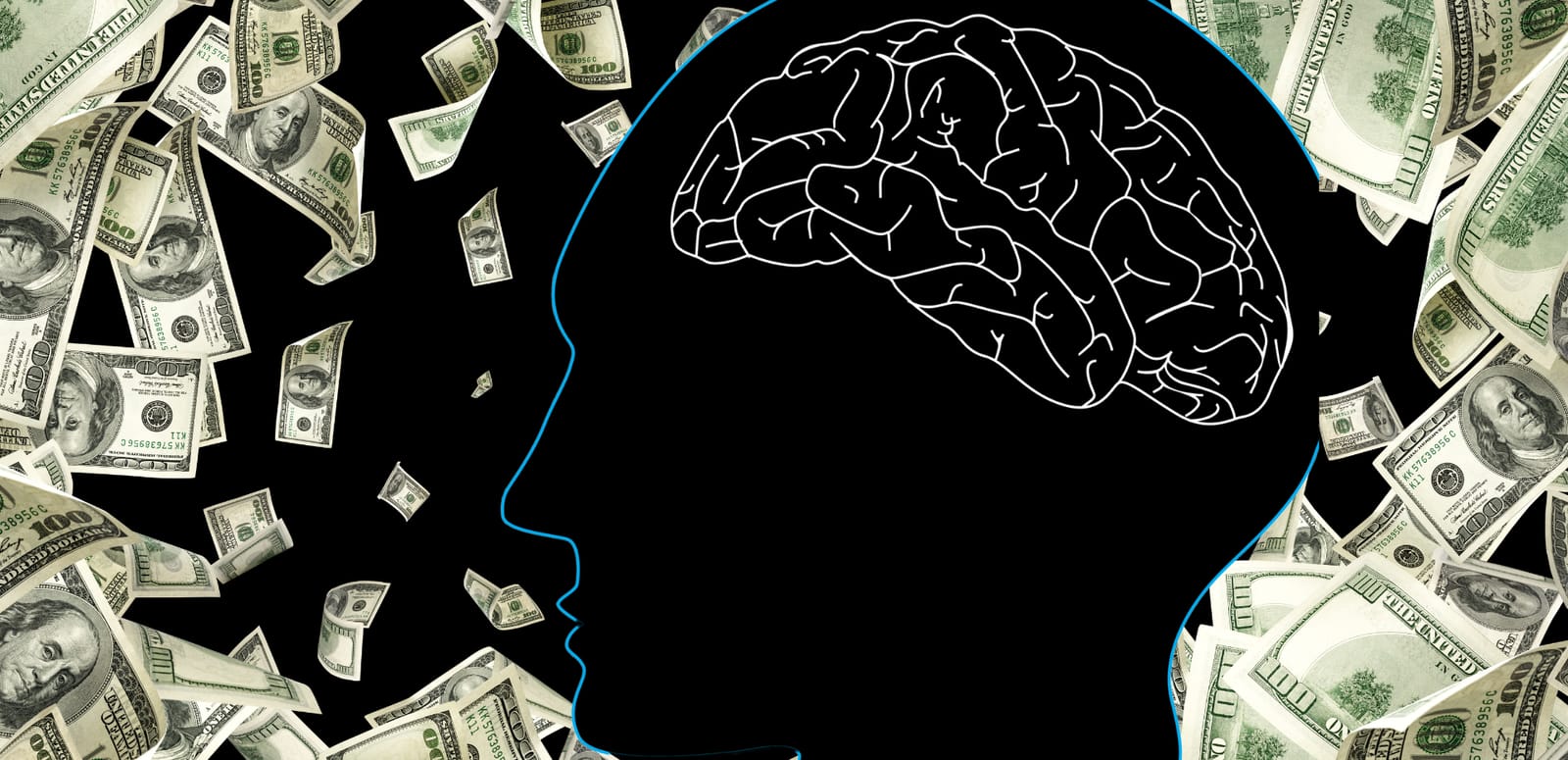 A silhouette of a person with a brain surrounded by money. Your Money Mindset