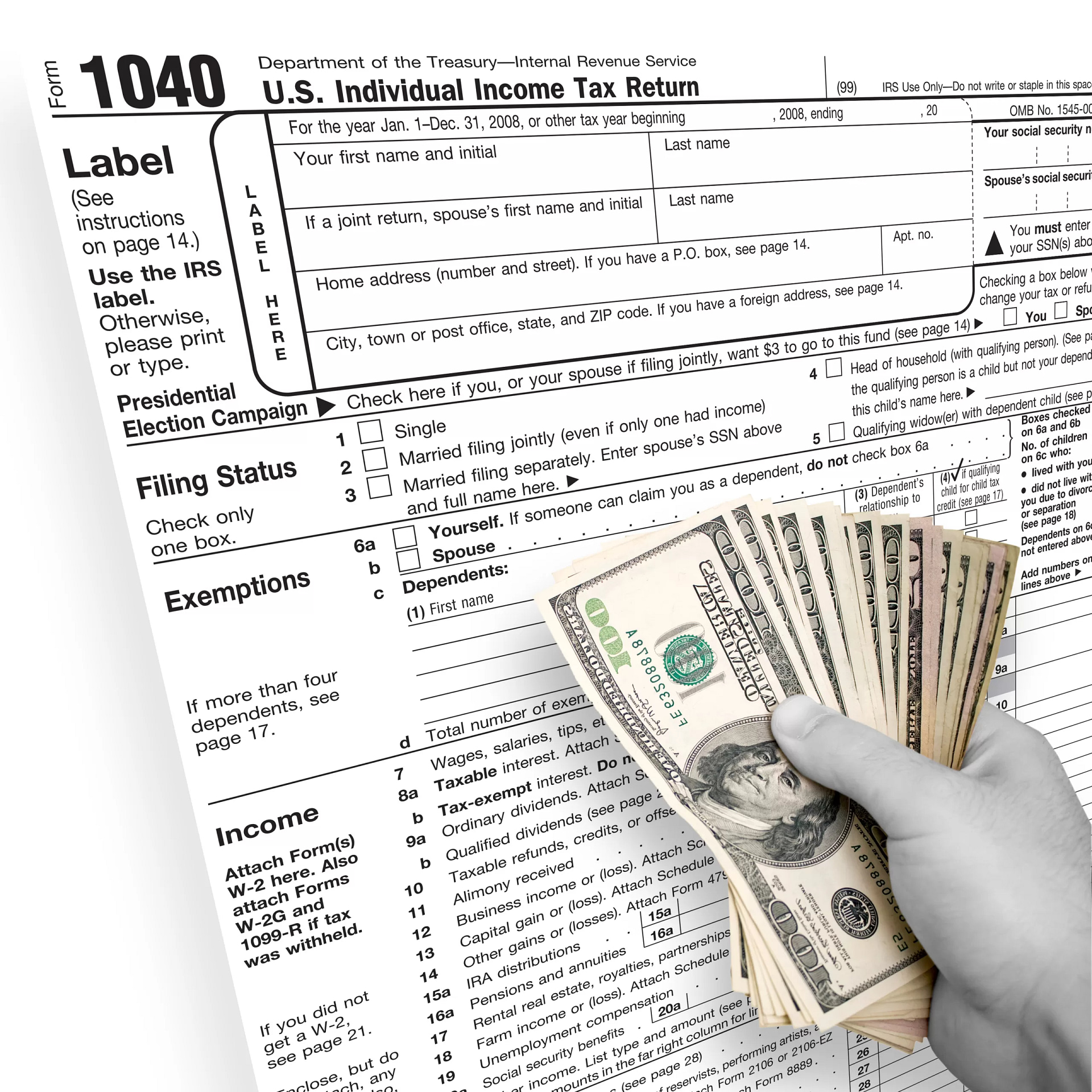 A hand holding a 1040 tax form and money. Tax Prep